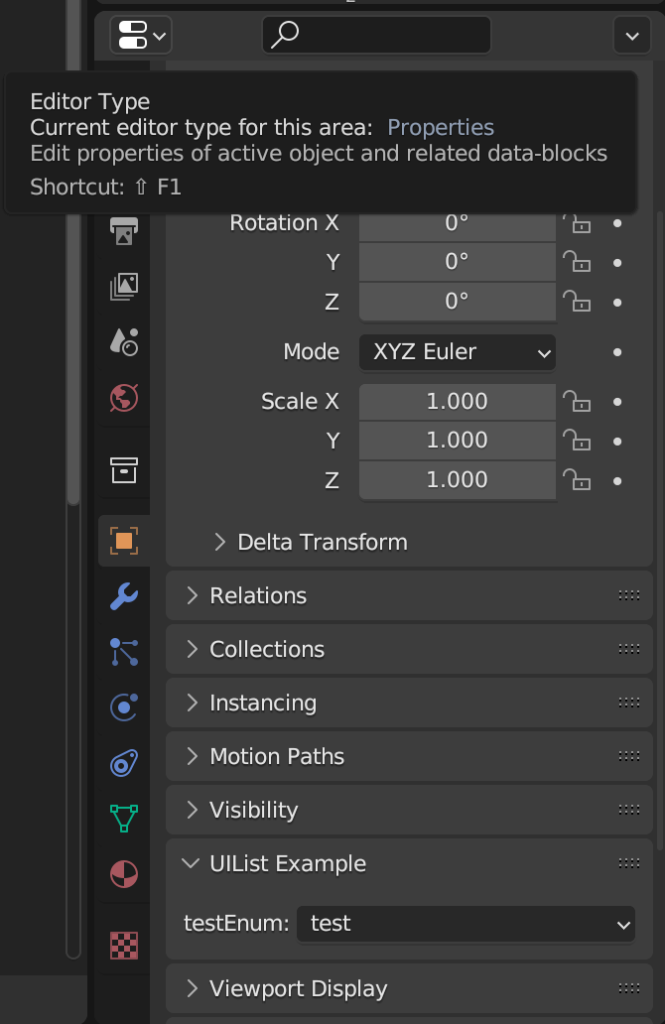 Blender Property Panel in lower right corner of Blender window.