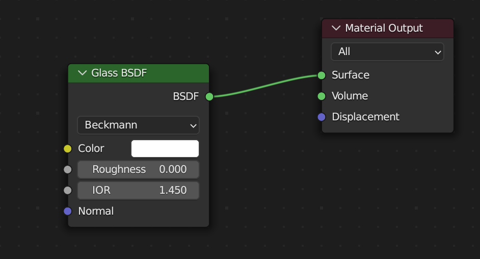 Example of a Basic Glass BSDF shader connected to the material output.