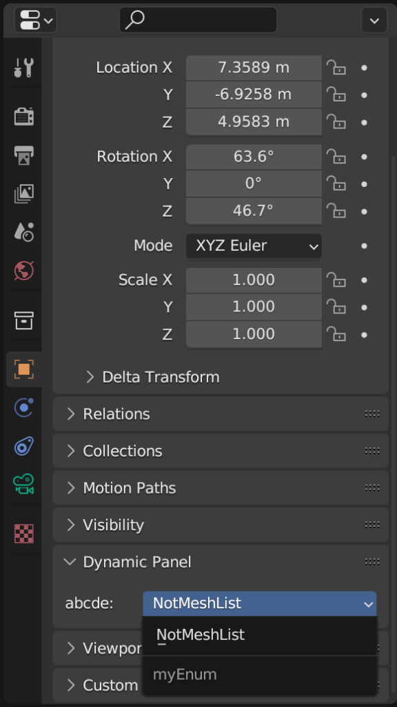 Property panel showing the dynamic dropdown.