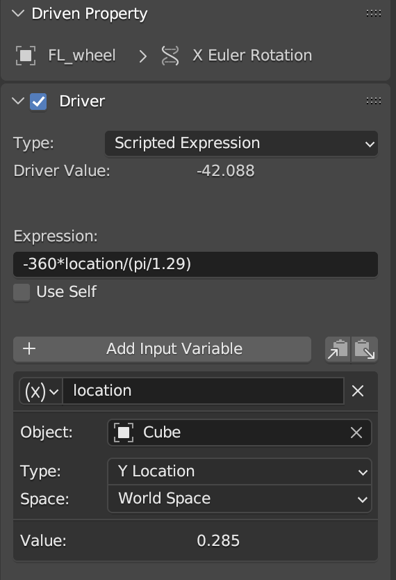 Blender driver for car wheel rotation.