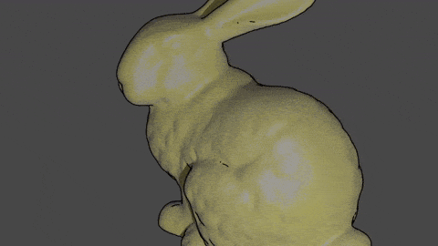 Gooch OSL shader - image shows moving light. As the light moves to the back of the model, the surface shifts more blue. As the light moves to the front, it shifts more yellow.