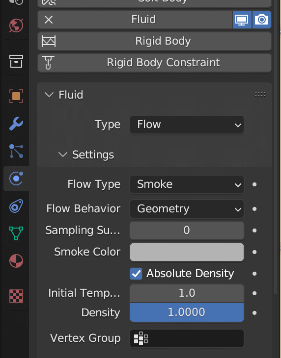 Fluid emitter settings.