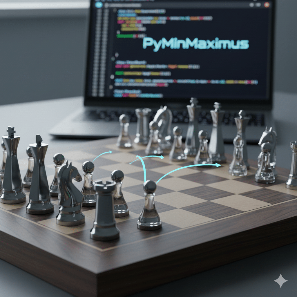A 3D render of a wooden chess board with metallic pieces. In the background, a laptop displays Python code for a chess engine named 'PyMinMaximus'. Blue arrows illustrate possible legal moves from a pawn and a rook.