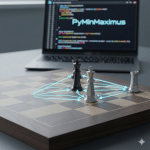 A 3D render of a wooden chess board during an endgame, featuring only a few metallic pieces—two kings and a lone rook—positioned strategically. In the background, a laptop displays the 'PyMinMaximus' Python code. A faint cyan glow connects the pieces, symbolizing the calculated precision of an endgame tablebase.