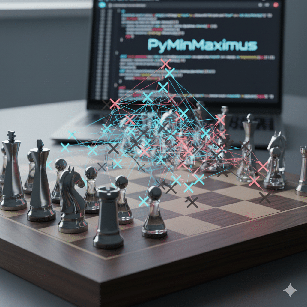 A 3D render of a wooden chess board and metallic pieces. A laptop in the background displays the code for the 'PyMinMaximus' chess engine. Glowing blue and red/orange lines branch out from a pawn, illustrating the concept of a decision tree, where blue lines represent moves being searched (MiniMax) and red/orange lines represent branches being cut off (Alpha-Beta Pruning).