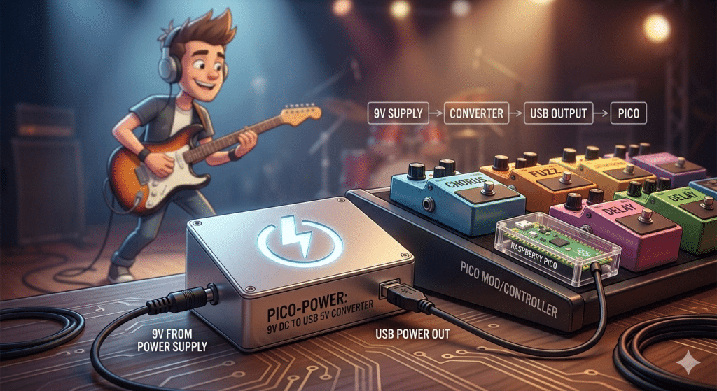 Shows pedal board with a raspberry pico device connected to a pedal board usb device with guitarist in the background