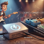 Shows pedal board with a raspberry pico device connected to a pedal board usb device with guitarist in the background