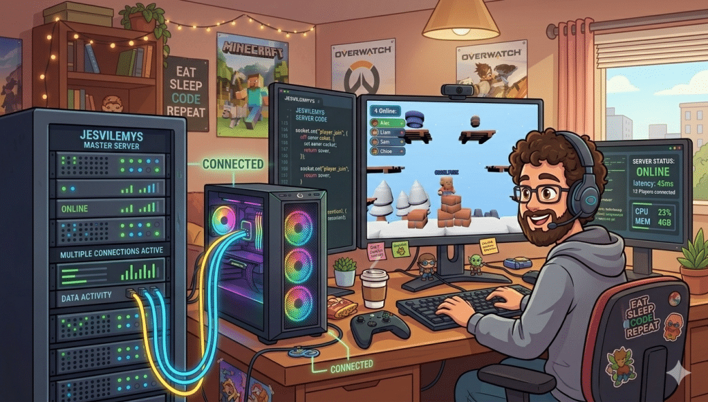 Image of developer creating a multiplayer game. The game is connected to a server.