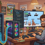 Image of developer creating a multiplayer game. The game is connected to a server.