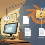 A cartoon developer at their desk with a Python package folder structure diagram branching from __init__.py to operators, panels, properties, and preferences files