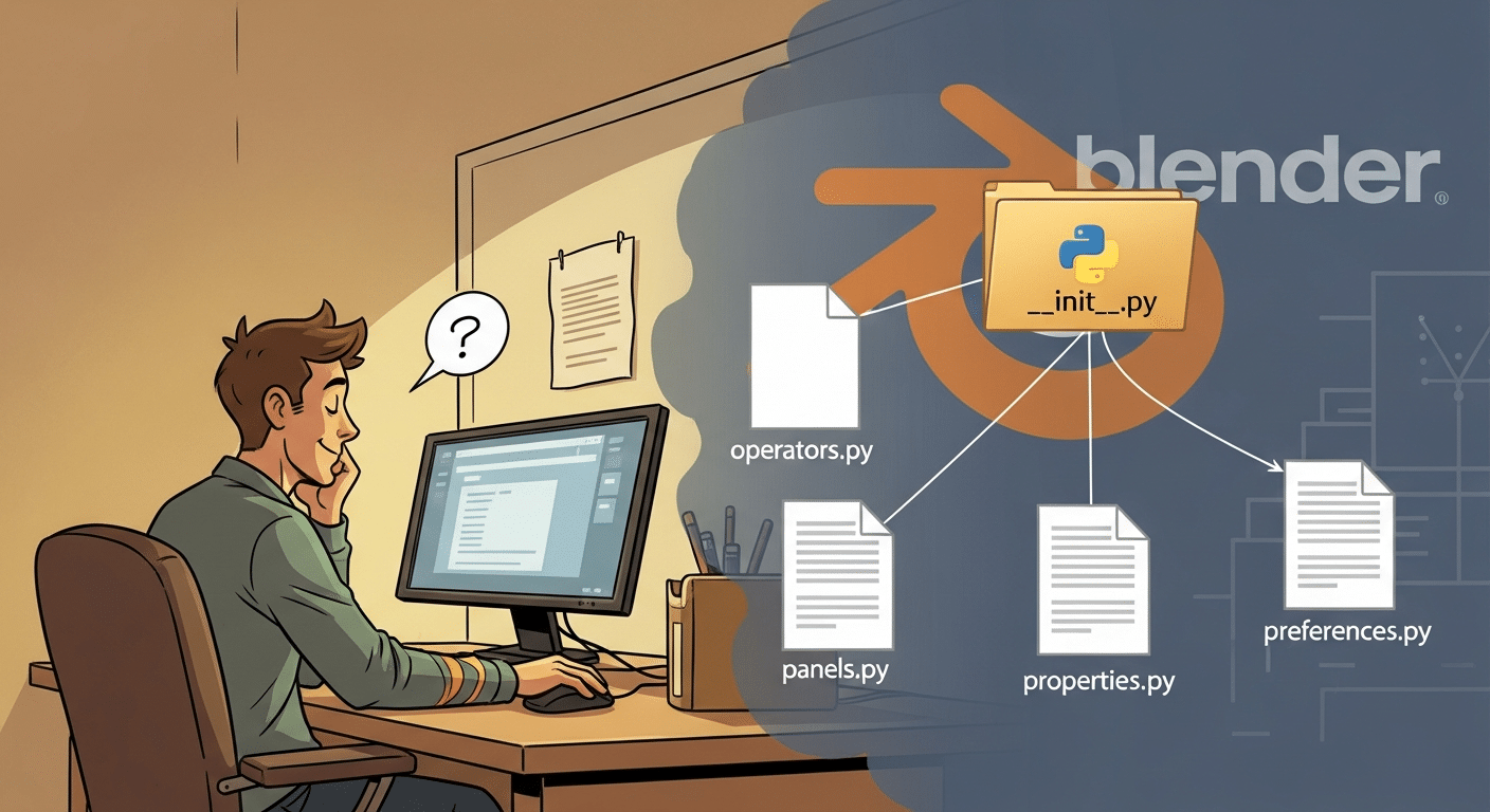 A cartoon developer at their desk with a Python package folder structure diagram branching from __init__.py to operators, panels, properties, and preferences files