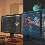 A cartoon developer writing Python code on the left, with Blender's 3D viewport and a custom add-on panel visible on the right
