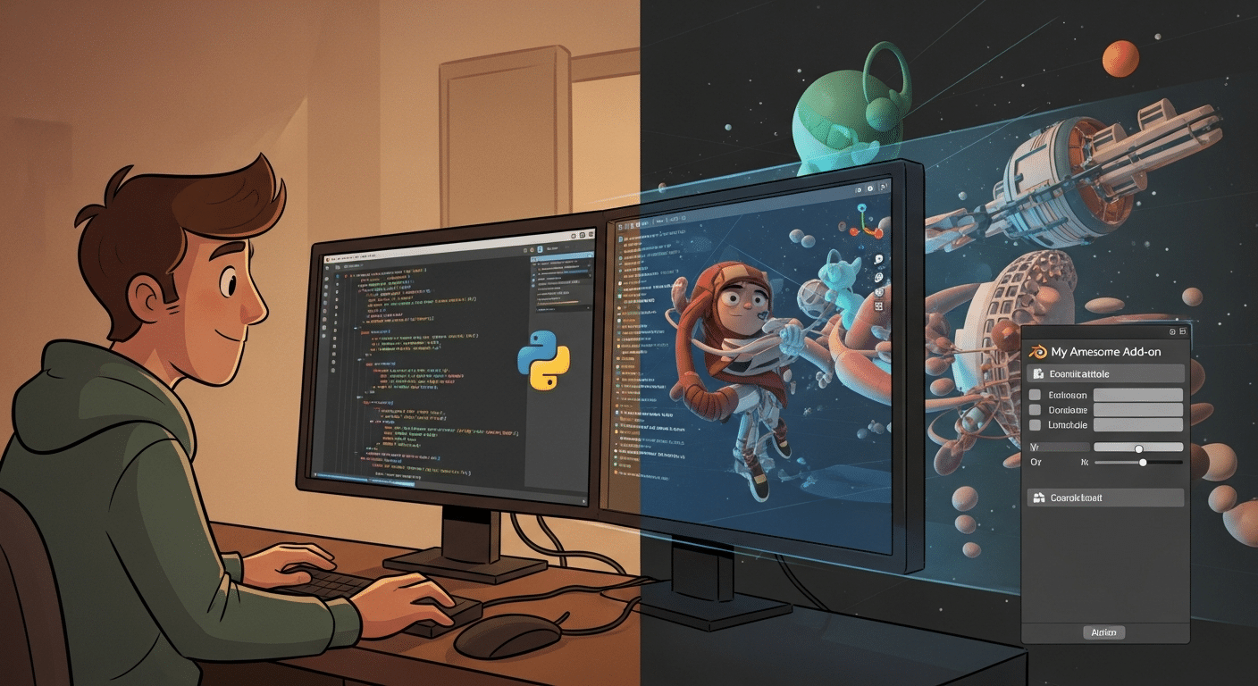 A cartoon developer writing Python code on the left, with Blender's 3D viewport and a custom add-on panel visible on the right
