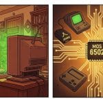 Illustration of the MOS 6502 chip alongside vintage home computers