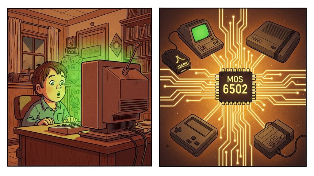 Illustration of the MOS 6502 chip alongside vintage home computers