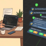 A developer writing Python code with a Blender viewport showing custom UI operators
