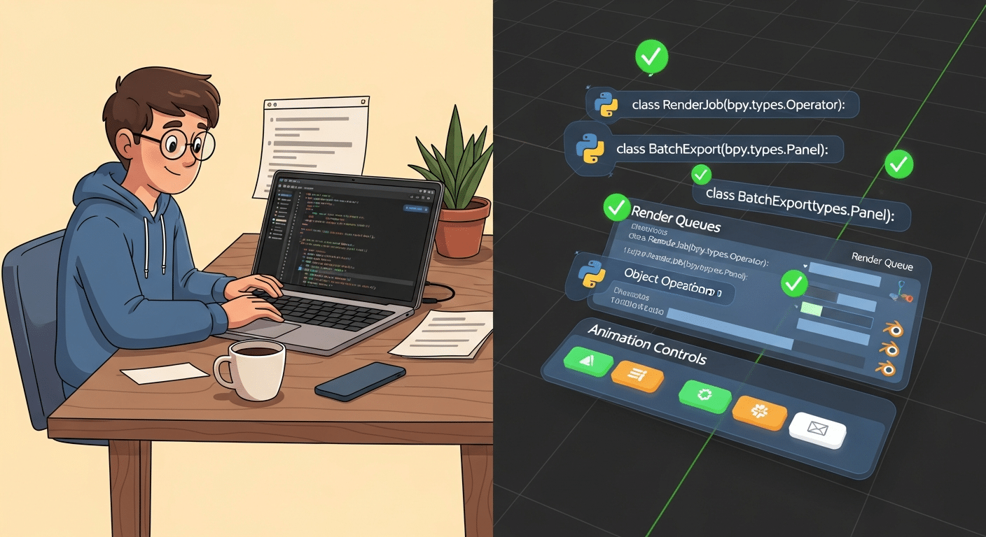 A developer writing Python code with a Blender viewport showing custom UI operators