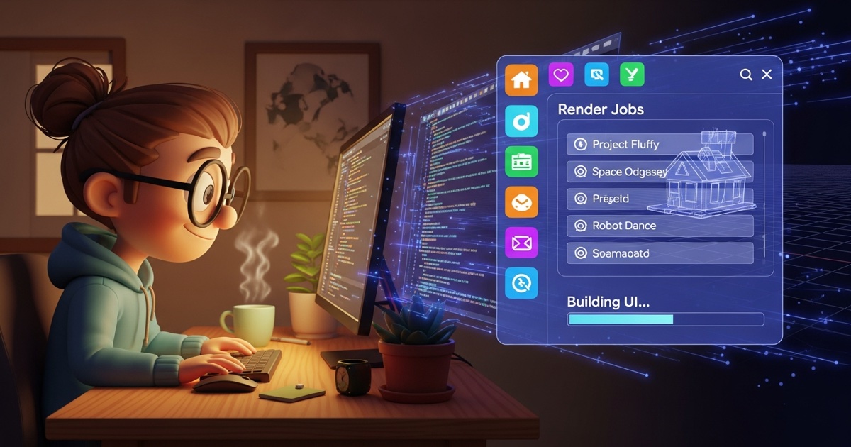 Cartoon developer building a Blender add-on panel UI in Python