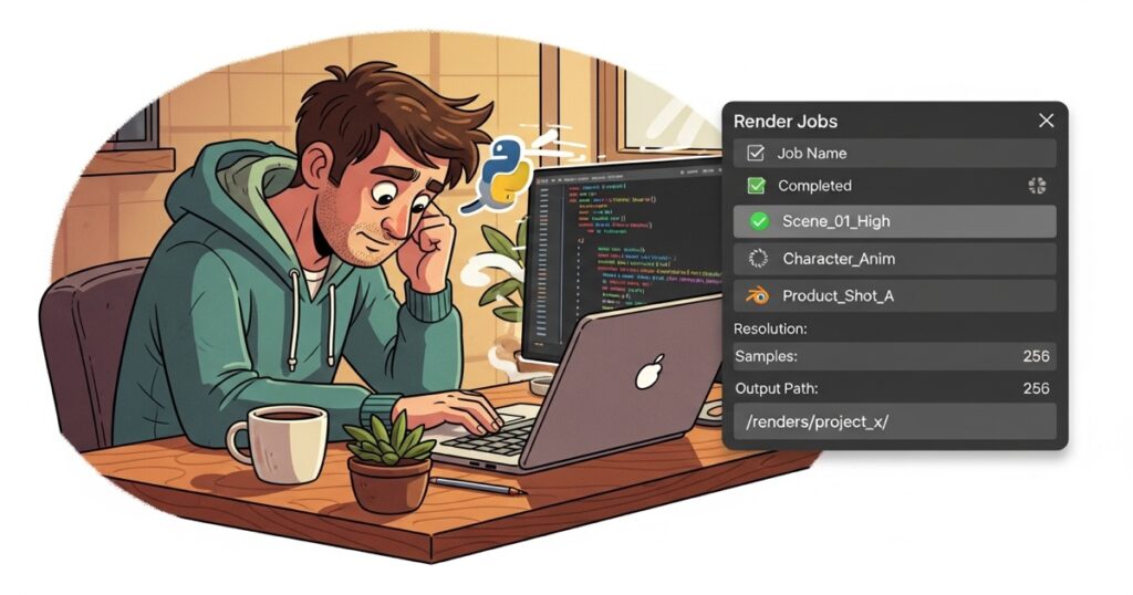 Developer coding Python on the left, Blender render jobs panel with property fields on the right