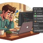 Developer coding Python on the left, Blender render jobs panel with property fields on the right