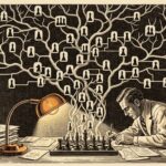 Vintage engraving illustration of a man writing at a desk with a chess board, a vast decision tree rising above him