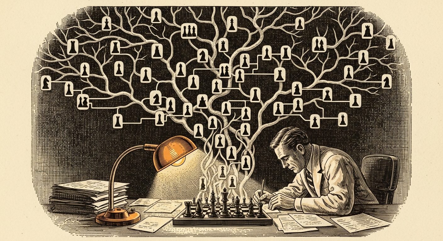 Vintage engraving illustration of a man writing at a desk with a chess board, a vast decision tree rising above him