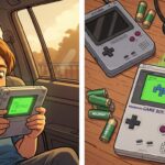 Cartoon illustration: a kid playing Game Boy in a car backseat, and a split scene showing the Game Boy still running Tetris while rival handhelds sit dead surrounded by drained batteries