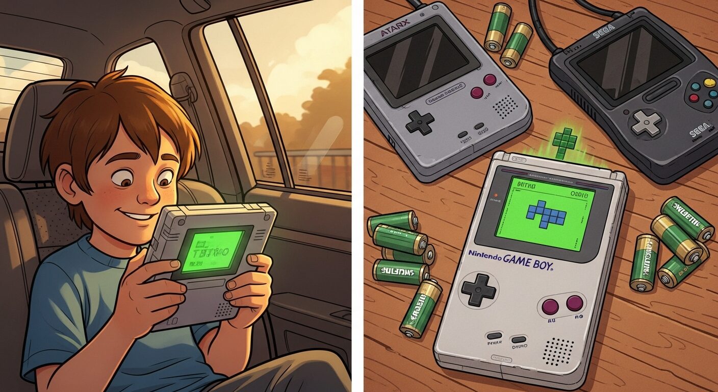 Cartoon illustration: a kid playing Game Boy in a car backseat, and a split scene showing the Game Boy still running Tetris while rival handhelds sit dead surrounded by drained batteries
