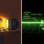 A developer at an Atari 2600 in a warm CRT-lit room, beside an abstract visualization of a TV scan line with pixel art game characters