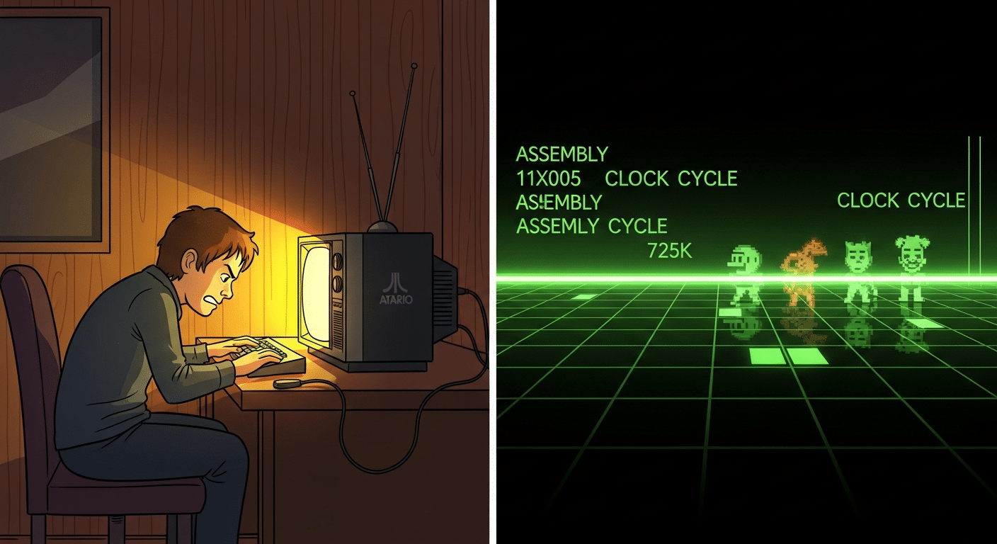 A developer at an Atari 2600 in a warm CRT-lit room, beside an abstract visualization of a TV scan line with pixel art game characters