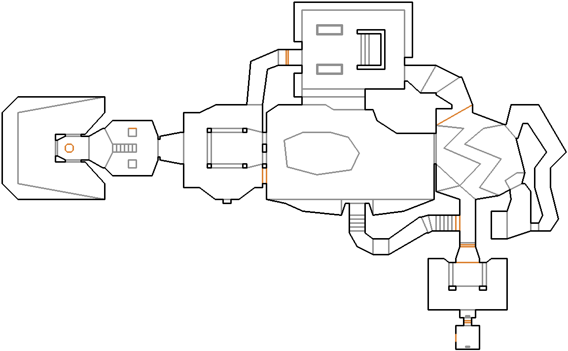 Top-down 2D map of E1M1: Hangar, the first level of Doom, showing the flat blueprint layout of sectors and walls