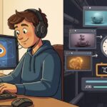 A cartoon developer multitasking while Blender renders jobs in the background