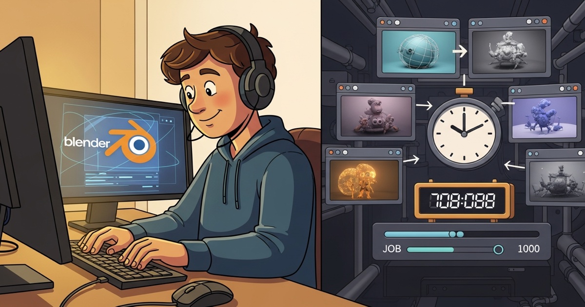 A cartoon developer multitasking while Blender renders jobs in the background
