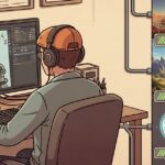 Cartoon developer at a desk with a Blender subprocess render visualization on screen