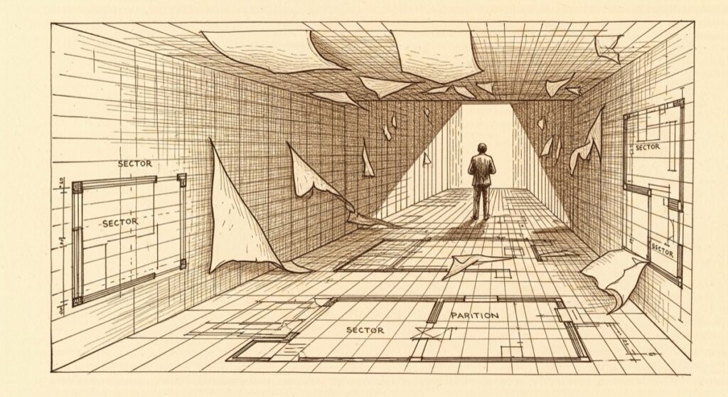 A vintage engraving illustration of a figure walking down a Doom-style corridor as the walls peel away to reveal 2D blueprint sectors underneath