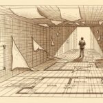 A vintage engraving illustration of a figure walking down a Doom-style corridor as the walls peel away to reveal 2D blueprint sectors underneath