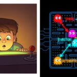 A kid studying an arcade cabinet on the left; a Pac-Man maze with ghost targeting vectors on the right