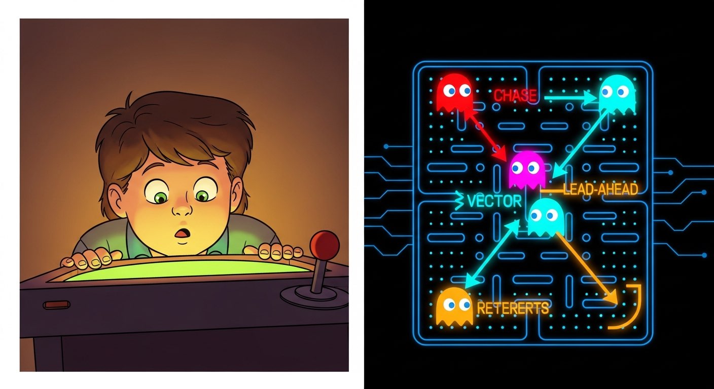 A kid studying an arcade cabinet on the left; a Pac-Man maze with ghost targeting vectors on the right