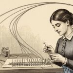 Vintage engraving of a woman weaving wire through ferrite rings, the wire flowing upward into the arc of a lunar trajectory