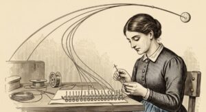 Vintage engraving of a woman weaving wire through ferrite rings, the wire flowing upward into the arc of a lunar trajectory