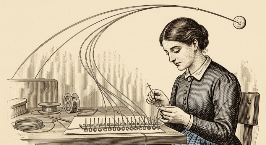 Vintage engraving of a woman weaving wire through ferrite rings, the wire flowing upward into the arc of a lunar trajectory
