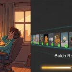 Person at a computer with headphones in a warm sunset-lit home office; the right side shows a batch render progress with asset thumbnails and checkmarks.