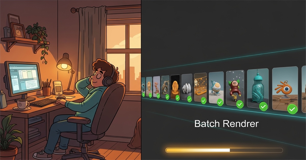 Person at a computer with headphones in a warm sunset-lit home office; the right side shows a batch render progress with asset thumbnails and checkmarks.