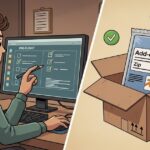 A cartoon developer reviewing a pre-flight checklist on the left, and a packaged Blender add-on zip in a shipping box with green checkmarks on the right