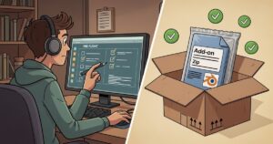 A cartoon developer reviewing a pre-flight checklist on the left, and a packaged Blender add-on zip in a shipping box with green checkmarks on the right