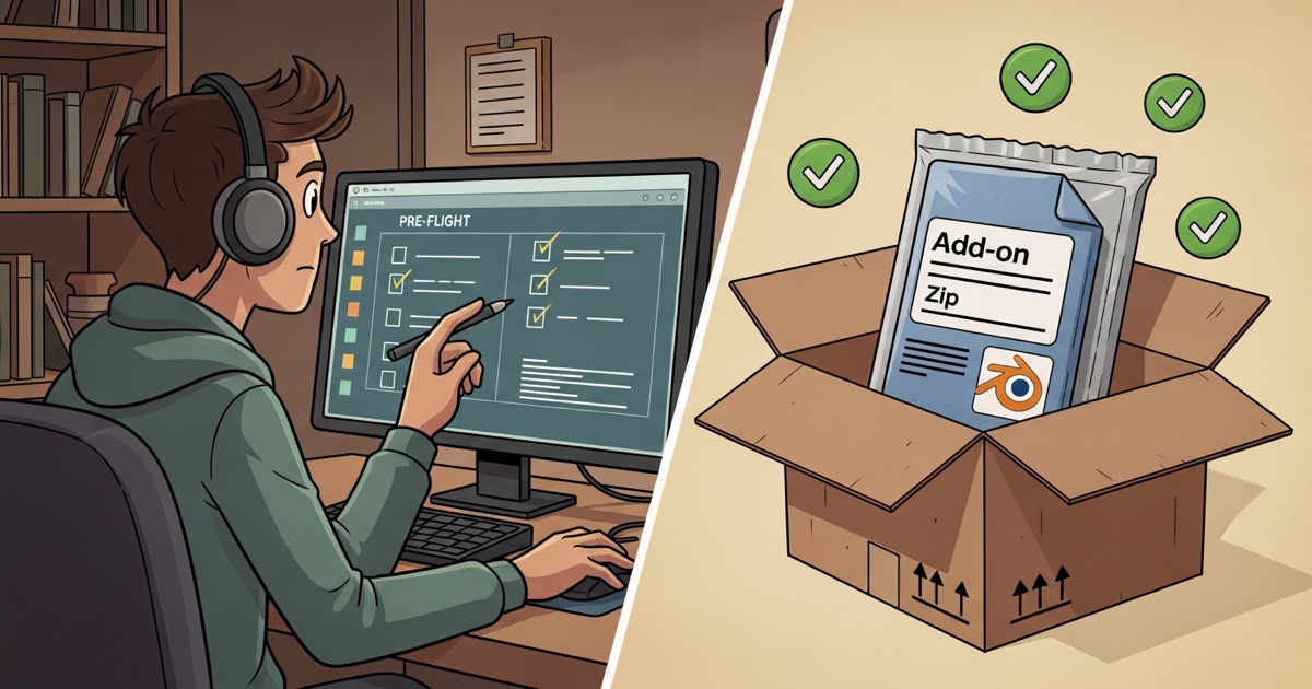 A cartoon developer reviewing a pre-flight checklist on the left, and a packaged Blender add-on zip in a shipping box with green checkmarks on the right