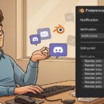 Cartoon developer at desk with Blender preferences panel and notification pop-ups on screen