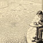 Vintage engraving of a young man at a café table, the cobblestone street transforming into a network of city nodes with ripple rings spreading outward