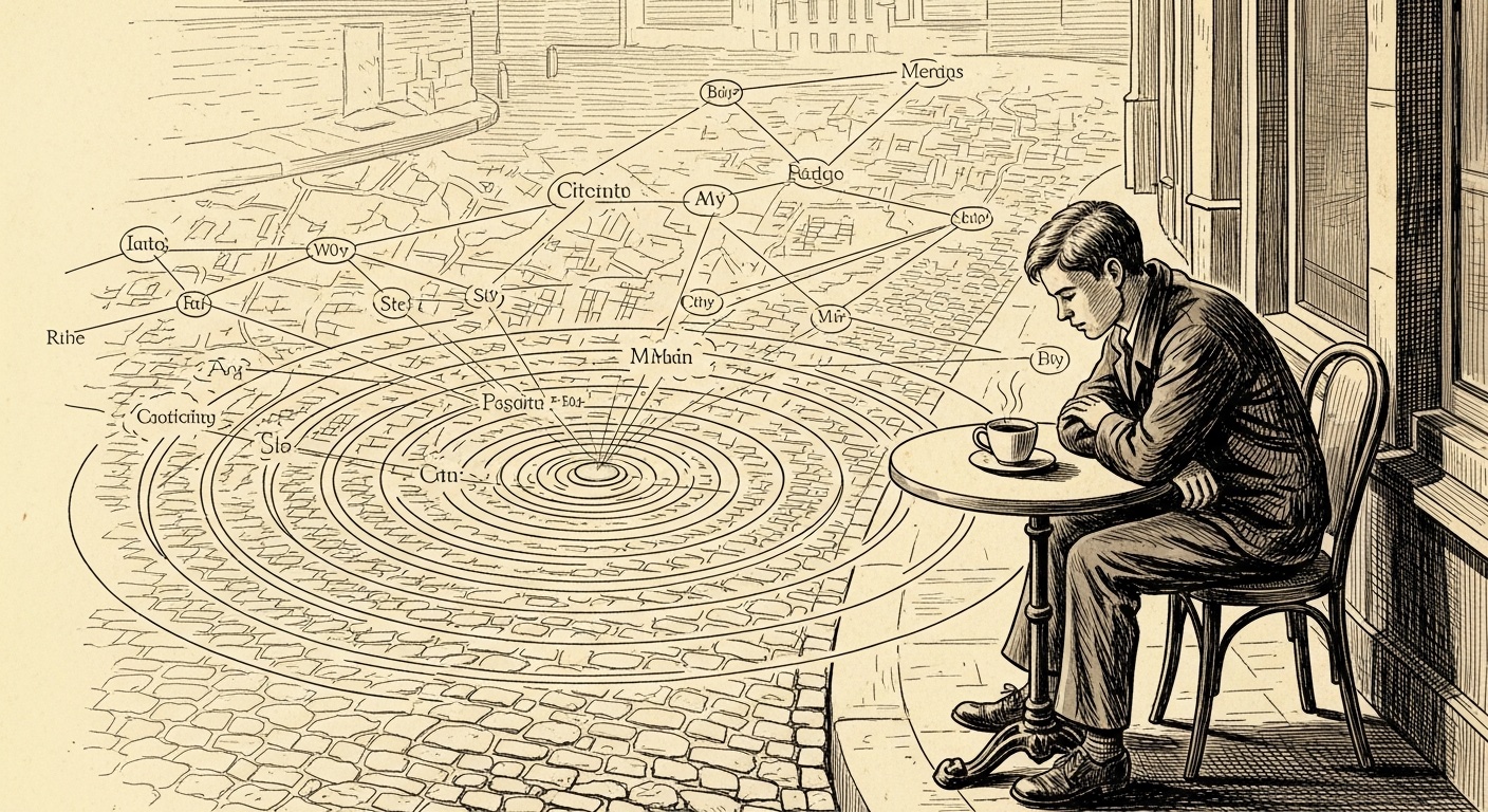 Vintage engraving of a young man at a café table, the cobblestone street transforming into a network of city nodes with ripple rings spreading outward
